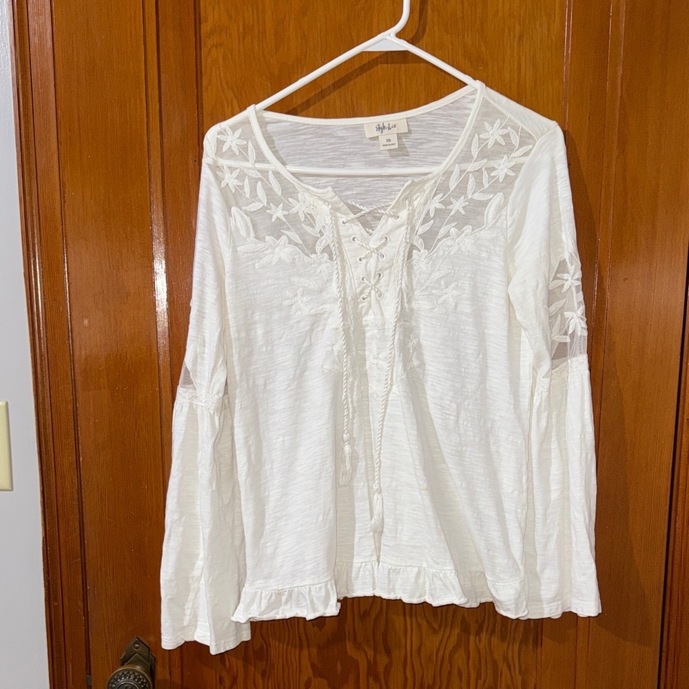 Style & Co. White Lace-Up Embroidered Blouse
